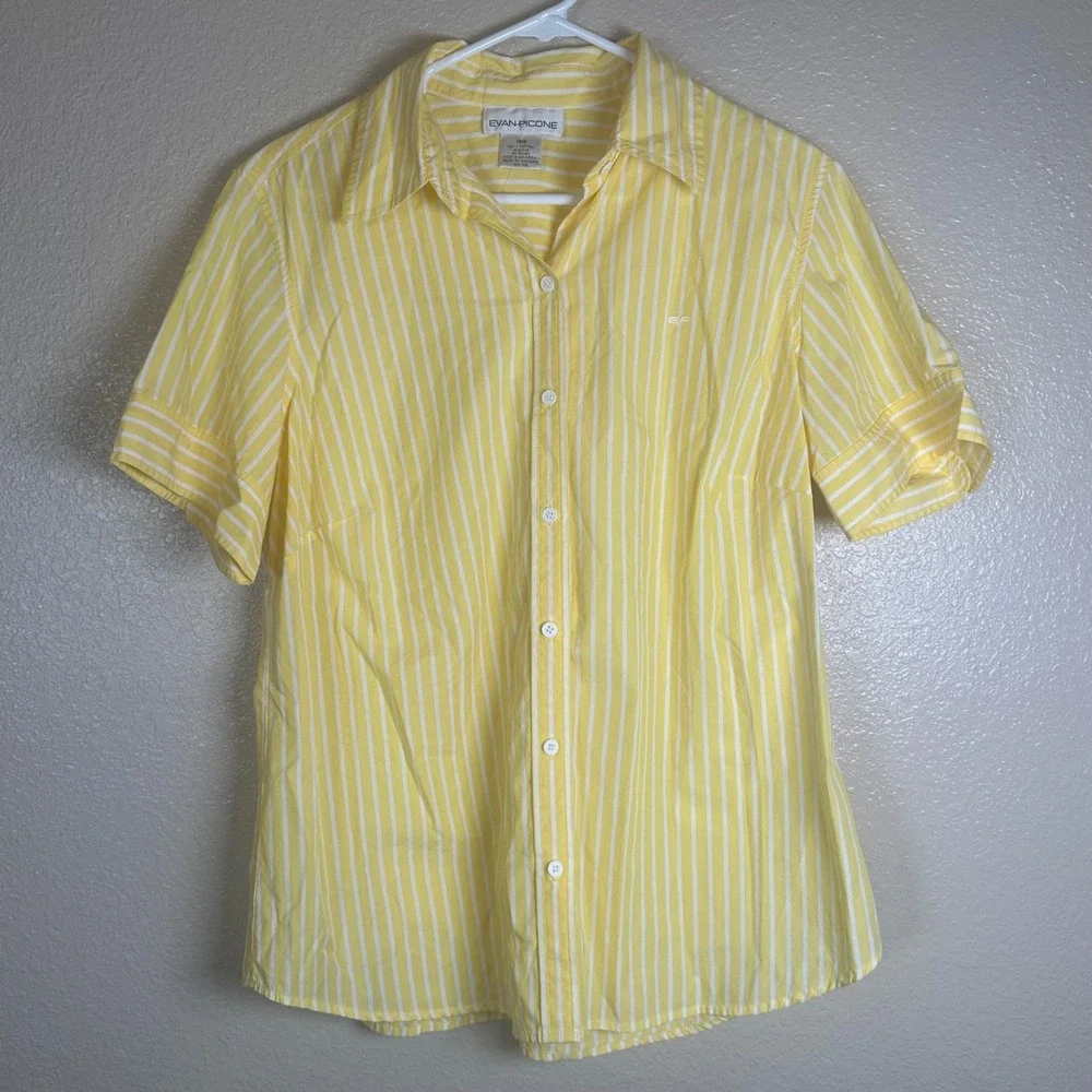 Evan-Picone Womens Yellow White Striped Cotton Button Down Shirt Blouse 14W